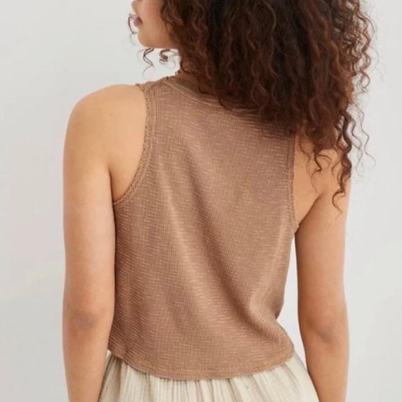 Aerie Button Down Texture Crop Tank Top in Tan - Picture 3 of 8